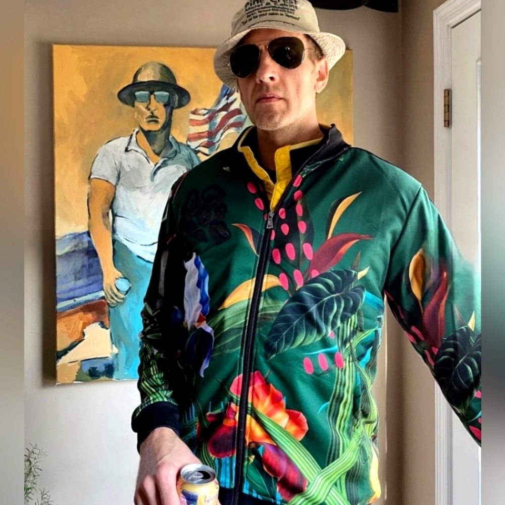Dressed In Joy Emerald Green Tropical Zip Front Jacket w/Black Accent Trim
